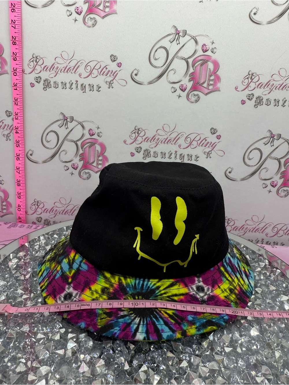 STEVE AOKI 2014 hat Tie-Dye Brim Bucket Hat with Neon Smiley - Black & Multi